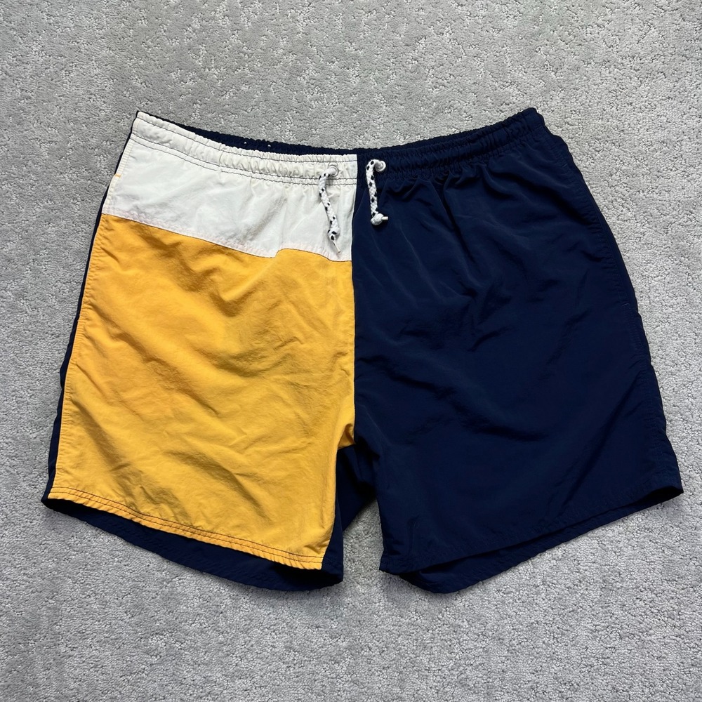 VINTAGE Eddie Bauer‎ Swim Trunks Mens L Navy Blue Yellow Colorblock Surf Beach